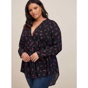 Torrid Emma Babydoll Crinkle Gauze Long Sleeve Tunic Top